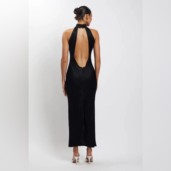 Satin Drape Back Maxi Dress with Split Black Small - Picture 5 of 15